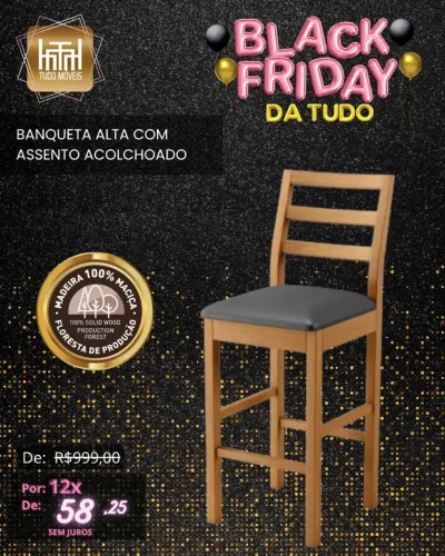 BANQUETA ALTA EM MADEIRA MACIÇA COM ACENTO ACOLCHOADO 