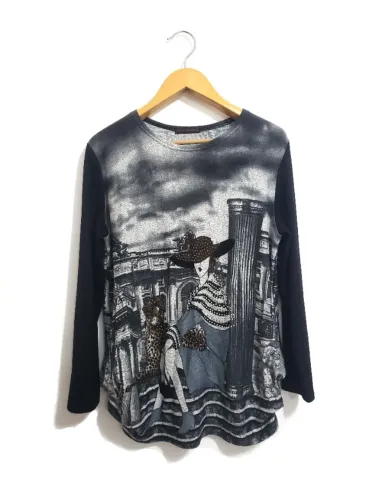 Blusa feminina fina manga comprida preta e cinza