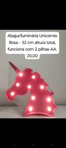 Luminária Unicórnio Rosa - 32cm - Funciona com Pilhas