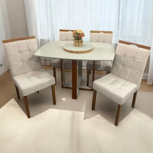 Mesa de Jantar Canto Barril 120×90 com 4 Cadeiras Sophia Madeira Maciça tt32