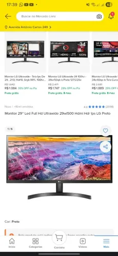 Monitor 29"Led Full Hd Ultrawide 29wl500 Hdmi Hdr Ips LG Cor Preto 100v/240v