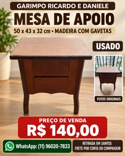 Mesa de Apoio de Madeira com Gavetas 50 x 43 x 32 cm