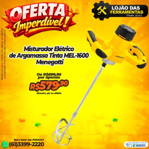 Misturador Elétrico de Argamassa Tinta MEL-1600 Menegotti