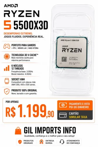 PROCEAMD Ryzen 5 5500X3D | Processador Gamer AM4 | 6 Núcleos 12 Threads | Novo Lacrado