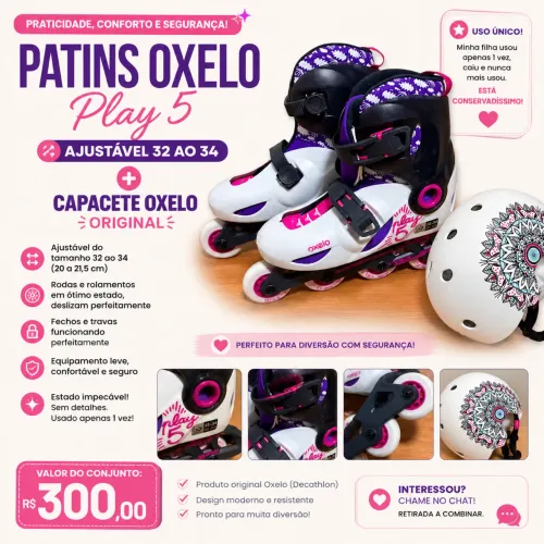 Patins Oxelo Play 5 Ajustável (32 ao 34) + Capacete Oxelo Original
