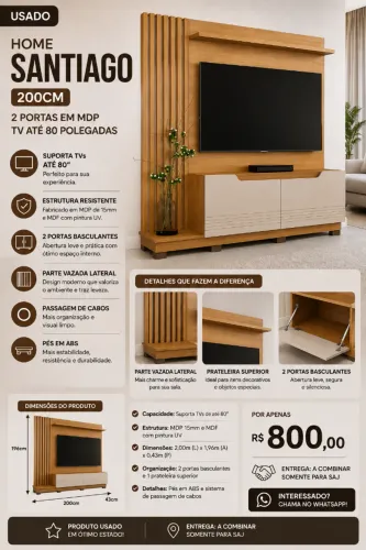 Home / Estante Santiago 200cm 2 Portas em MDP TV até 80 Polegadas