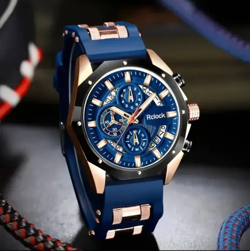Relógio Esportivo Grande e Robusto Rclock Azul e Rose Gold Pulseira de Silicone F. Gratis