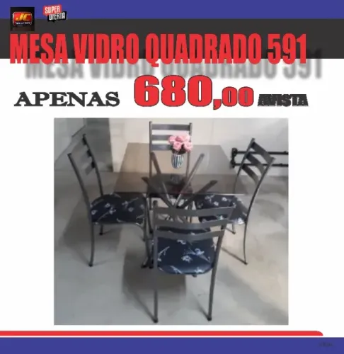 MESA DE VIDRO QUADRADA 4 CADEIRAS