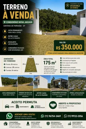 TERRENO À VENDA - CONDOMÍNIO NOVA JAGUARI - SANTANA DE PARNAÍBA/SP