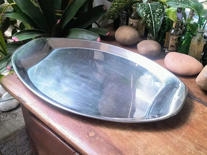 travessa em inox grande linda antigo antiquario decoração cozinha bandeja servir mesa