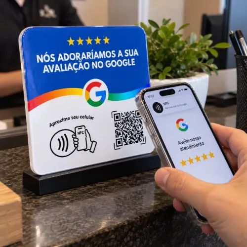 Placa NFC Google Avaliações com QR Code | Acrílico | Dupla Face