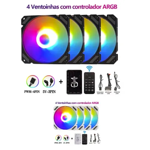 Kit Fan com 4 Unidades Wovibo ARGB 120mm + Controladora + Controle, 12x 15,13