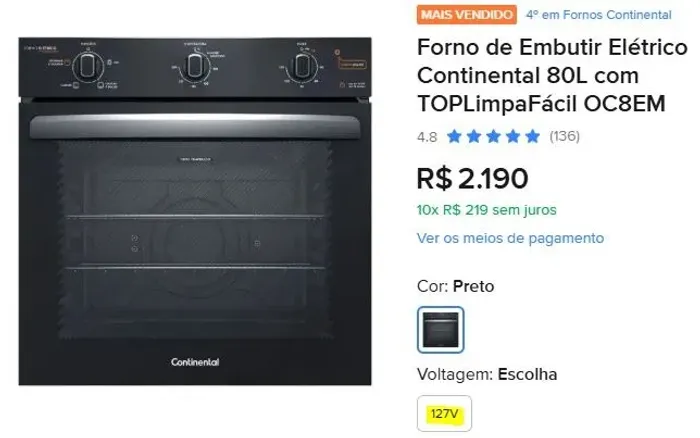 Forno de Embutir Elétrico Continental 80L com TOPLimpaFácil OC8EM