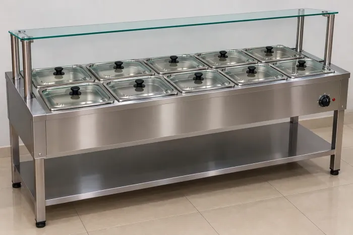Buffer térmico elétrico. 10 Cubas inox e tampa de vidro.
