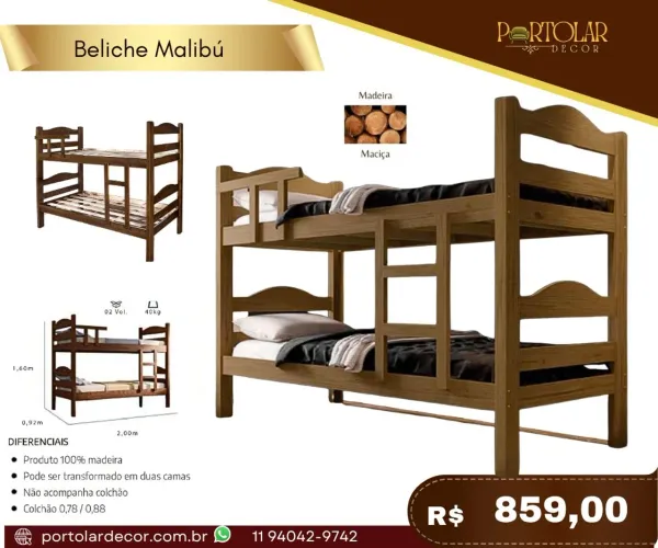 Beliche madeira maciça Malibu, a pronta entrega malibu