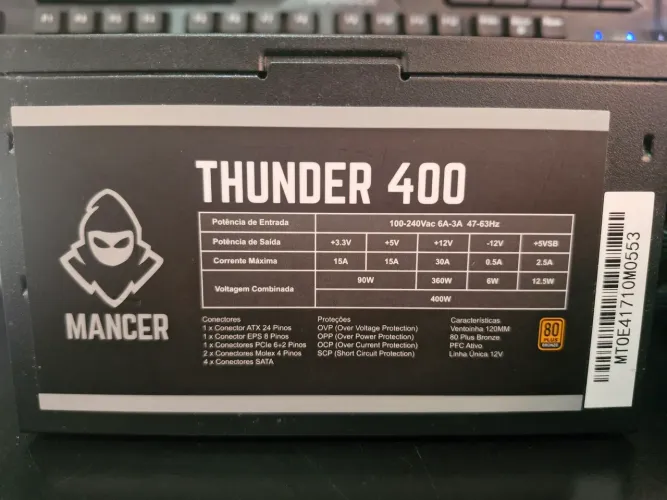 Fonte Mancer Thunder 400W - 80 Plus Bronze / PFC Ativo e Linha Única 12V