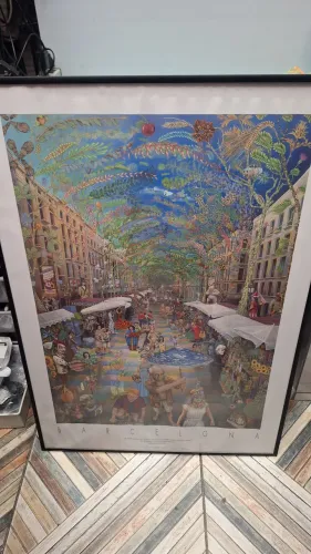 POSTER/CARTAZ DE BARCELONA EMOLDURADO E COM VIDRO DE AUTORIA DO ARTISTA ANTHONY PILLEY
