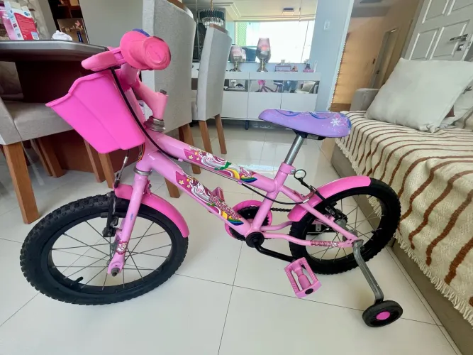 Bicicleta Infantil Aro 16 Rosa Unicórnio com Rodinha e Cestinha - Seminova