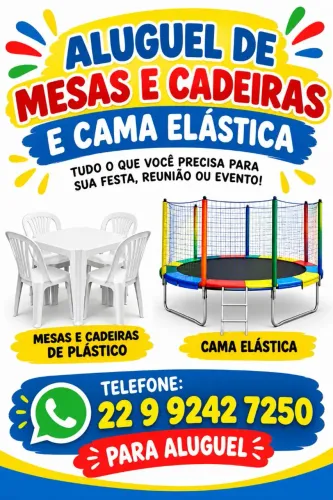 Mesas e cama elástica aluguel