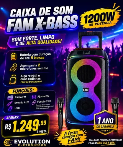 CAIXA DE SOM COM RODINHAS X-BASS 120W FAM-PRODUTO NOVO COM 1 ANO DE GARANTIA!