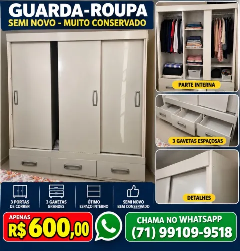 Guarda-Roupa 3 Portas de Correr com 3 Gavetas - Seminovo