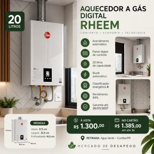 AQUECEDOR A GÁS DIGITAL RHEEM 20 LITROS