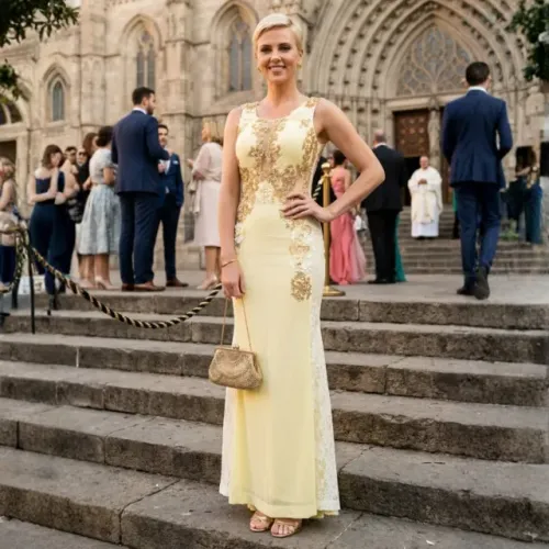 Vestido Festa Casamento Formatura Amarelo Claro Decote Tule Adorno Flores Pedraria Dourada