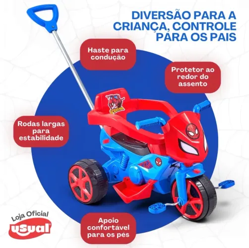 Triciclo Haste Direcionável Andador Passeio E Proteção nas cores azul e também na rosa.