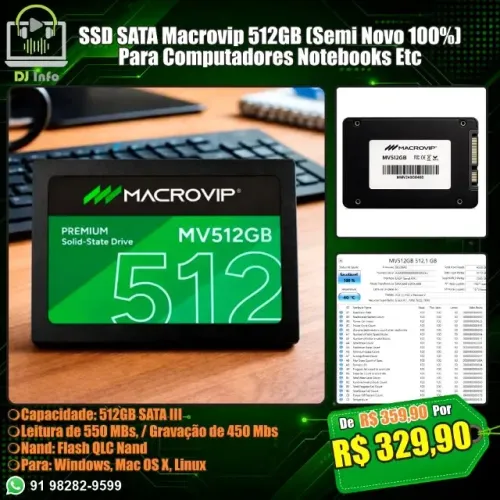 SSD SATA Macrovip 512GB (Semi Novo 100%) Para Computadores Notebooks Etc