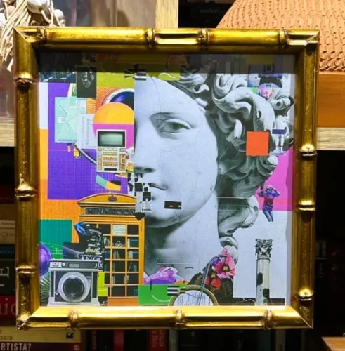 Quadro decorativo pop art escultura clássica moldura dourada