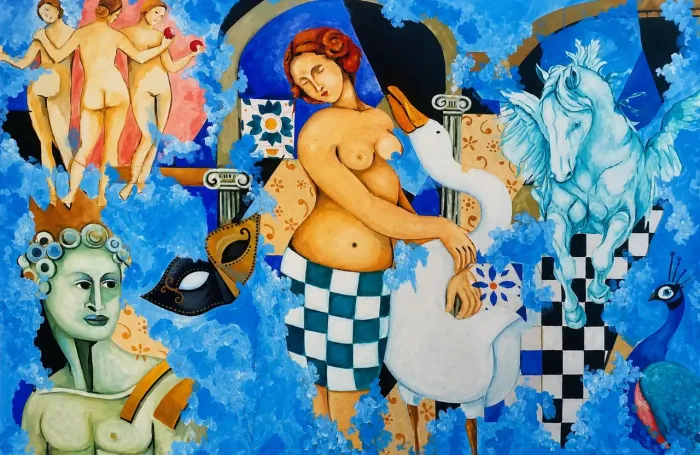 Quadro surrealista/ Pintura á óleo sobre tela/ Leda e o Cisne  eas três Graças 