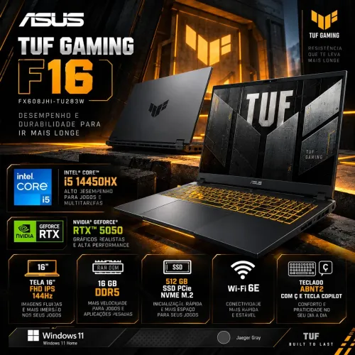 Notebook Gamer Asus Tuf Gaming F16 i5 14450HX RTX5050 16GB 16" 144Hz 512GB - LACRADO! cNF!