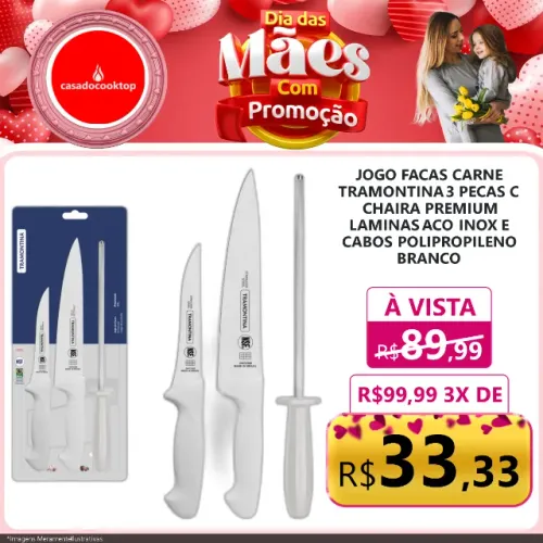 Jogo facas carne tramontina 3 pecas c/ chaira premium laminas aco inox e cabos polipropile
