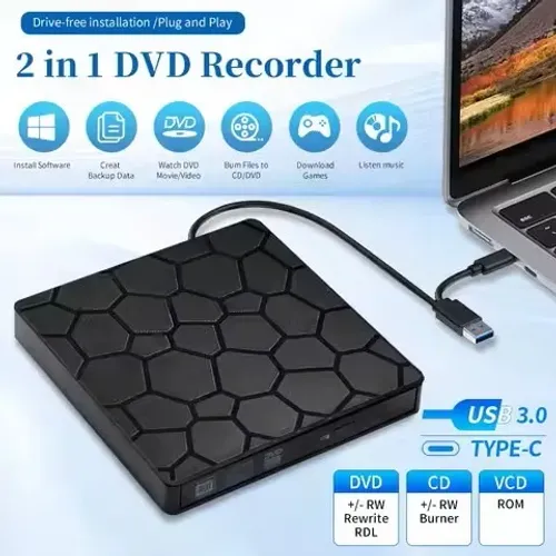 Gravador de DVD RW Externo Portátil, 2in 1, USB 3.0, Tipo C, DVD Player
