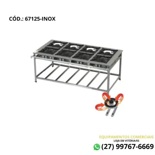 Fogão 8 Bocas Inox Baixa Pressão 30x30 Chama Tripla Perfil 7 - Industrial Itajobi