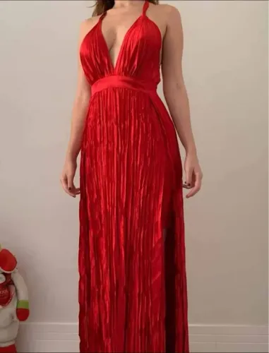 Vestido Longo Vermelho - Festa - Decote V