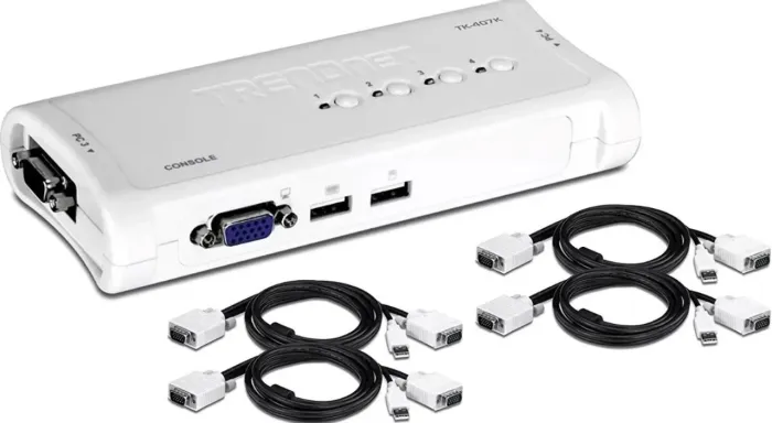 Comutador KVM USB VGA Trendnet TK-407K 4 Portas + Cabos (Pronto p/ uso)