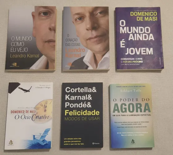Livros filosóficos - Leandro Karnal, Mário Cortella, Eckhart Tolle e Domenico de Masi<br>