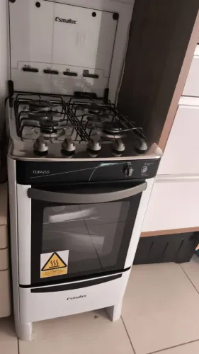 Fogão Esmaltec -Topazio, branco, 4 bocas, automático, mesa inox, forno com 2 grades