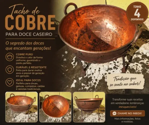 Tacho de Cobre Artesanal Grande com Suporte - RELÍQUIA