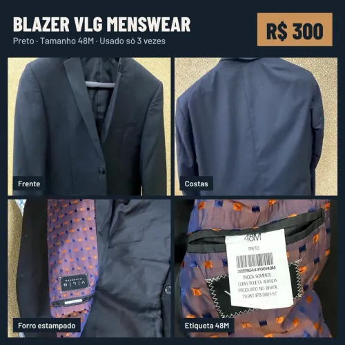 Blazer Masculino VLG Menswear Preto Tam. 48M Usado 3 Vezes