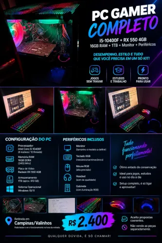 ? PC Gamer Completo i5-10400F + RX 550 4GB + 16GB RAM + 1TB + Monitor + Periféricos