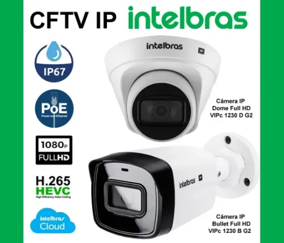 Câmeras CFTV IP Intelbras Bullet + Dome Full HD, IP67, pOE, Novas, Caixa, NF, Garantia