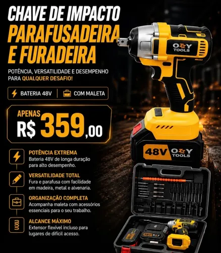 KIT FURADEIRA, PARAFUSADEIRA E CHAVE DE IMPACTO 48V - POTÊNCIA DE VERDADE!