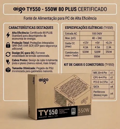 Fonte Aigo TY550 550W 80 Plus (Nova)