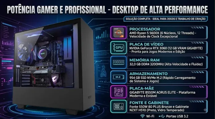 PC Gamer Mídia/Jogos - Ryzen 5 5600X + RTX 3060 12GB + 32GB RAM + SSD 1TB NVMe