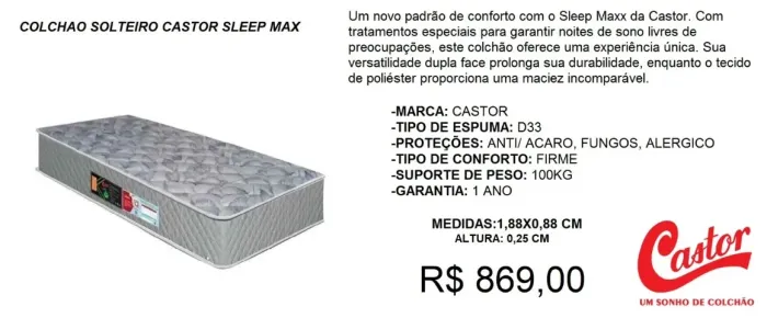 colchao solteiro castor sleep max d33-entrega gratis