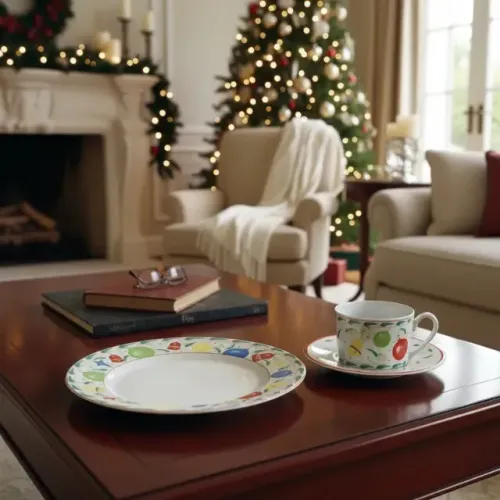 Xícara de chá/café com pires e pratinho de pão - porcelana - motivo natalino - marca Bel C