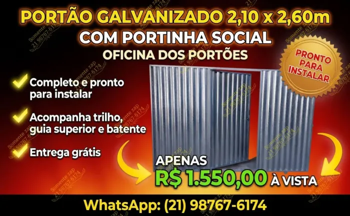 Portao garagem galvanizado 2,10 X 2,60 a pronta entrega, entrega grátis pague na entrega