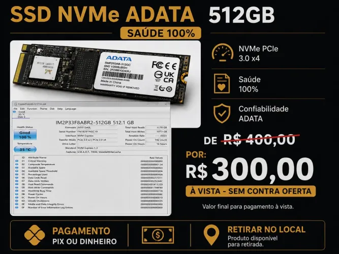 Ssd 512gb nvme adata 100% Jundiaí SP